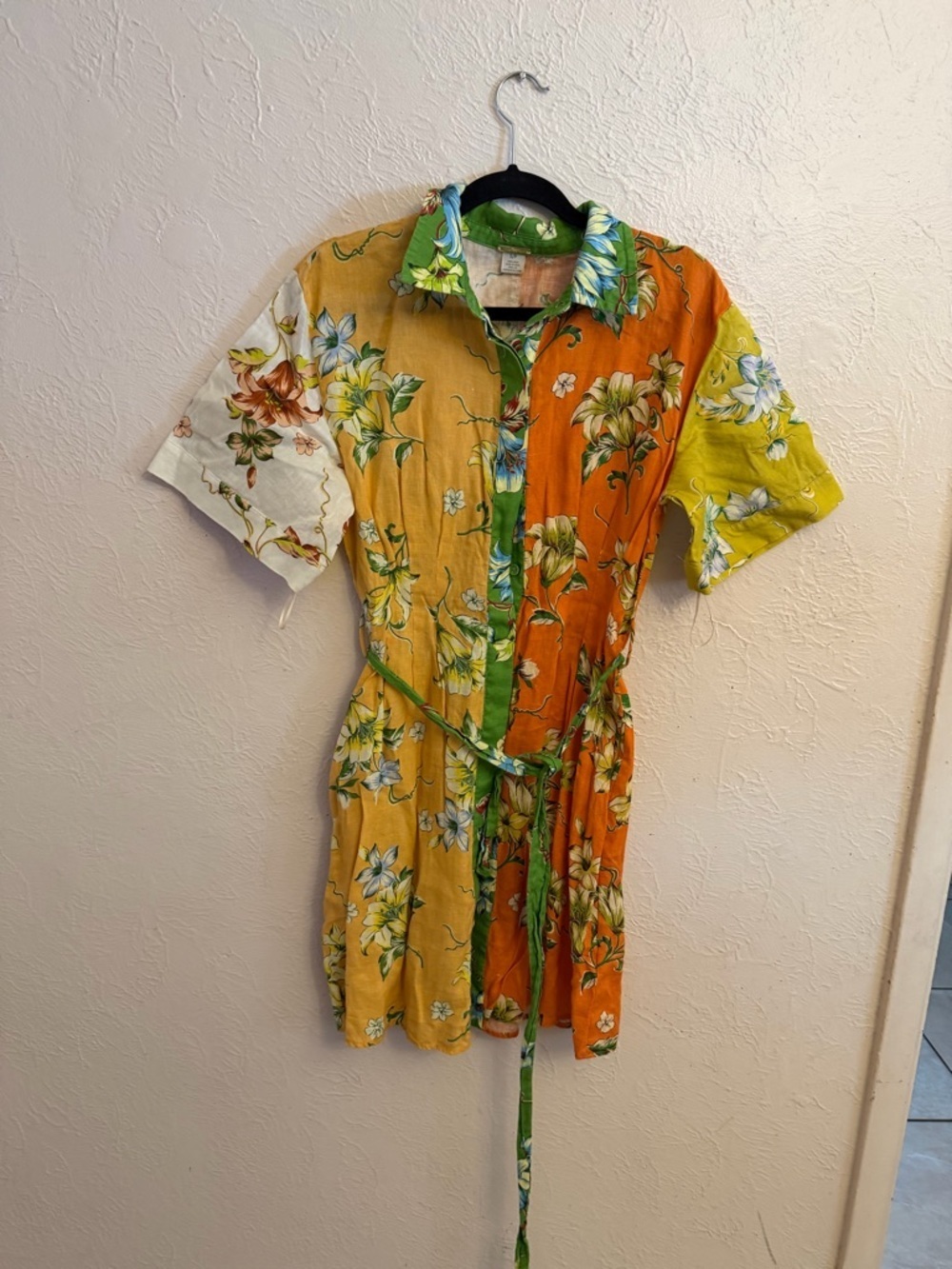 Magaschoni Green Floral Linen Button-Front Dress